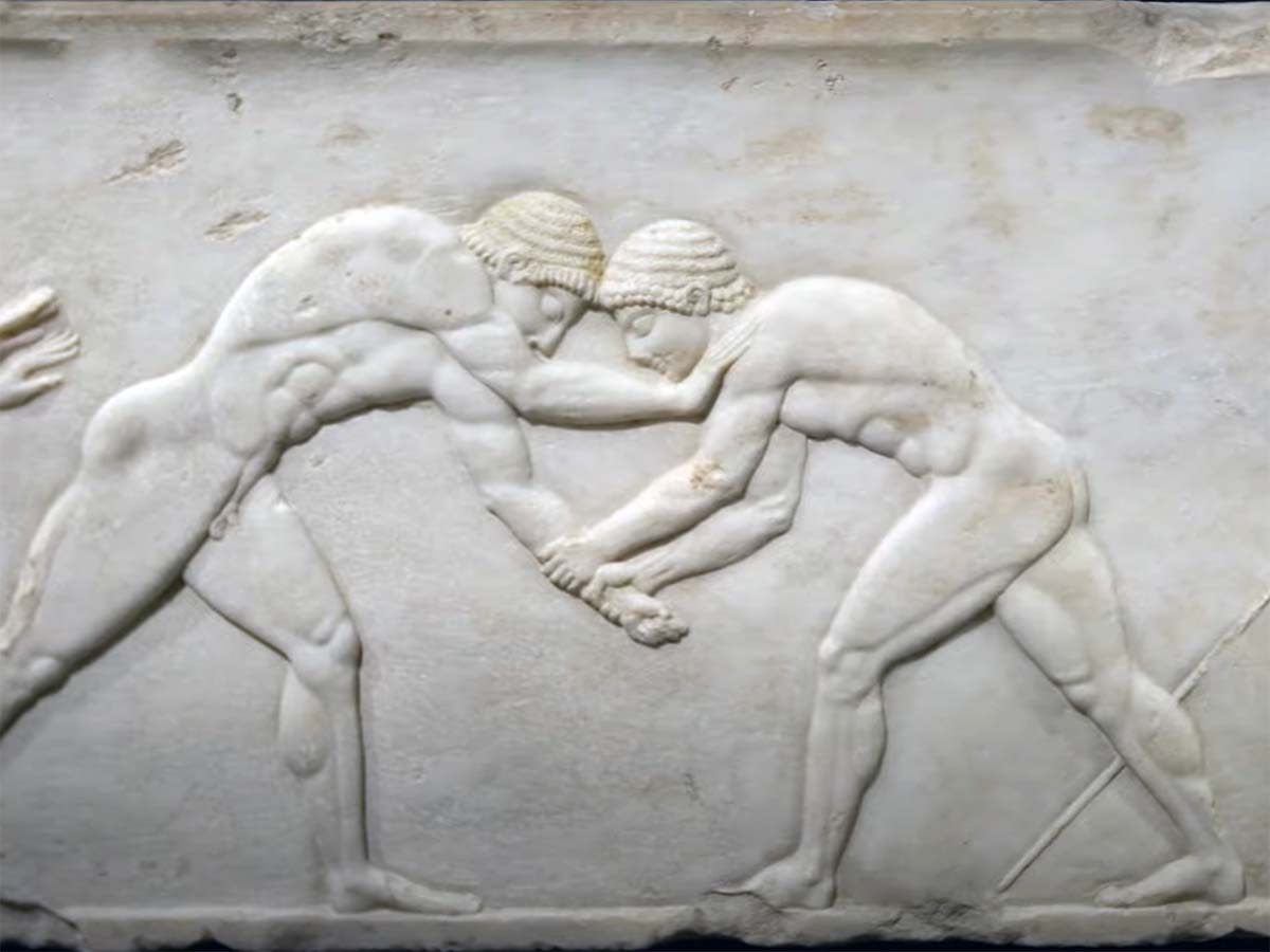 Two athletes wrestling