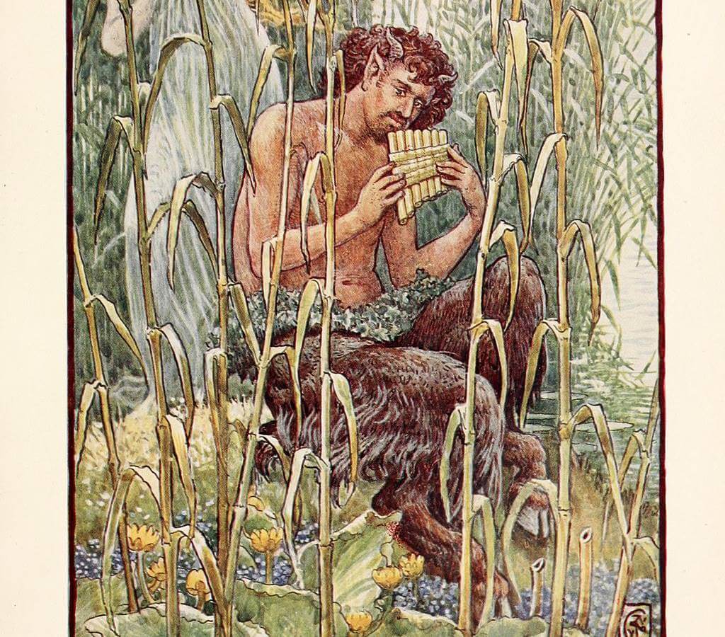 Walter Crane, Public domain, via Wikimedia Commons God Pan playing the flute