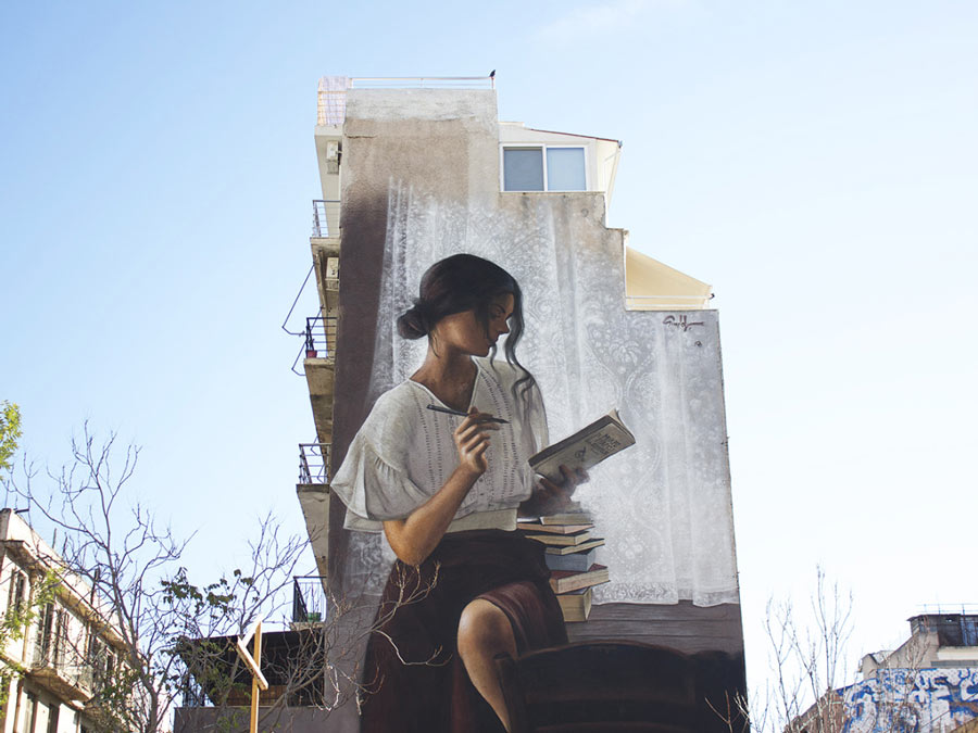 Photo source: Petit Paris D’ Athenes ‘So many books, so little time’ mural by Simple G